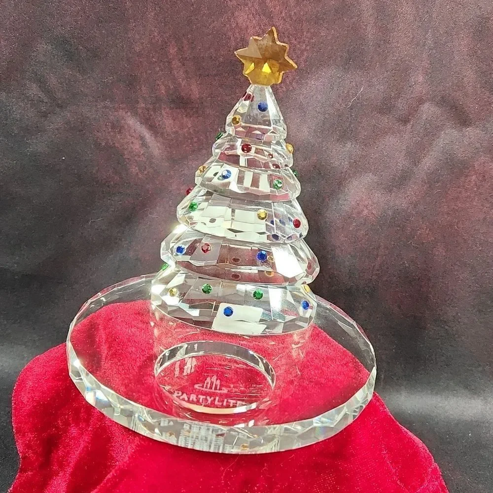🩵NIB PartyLite Crystal Christmas Tree Tealight Candle Holder & Red Velvet Bag - Picture 2 of 9